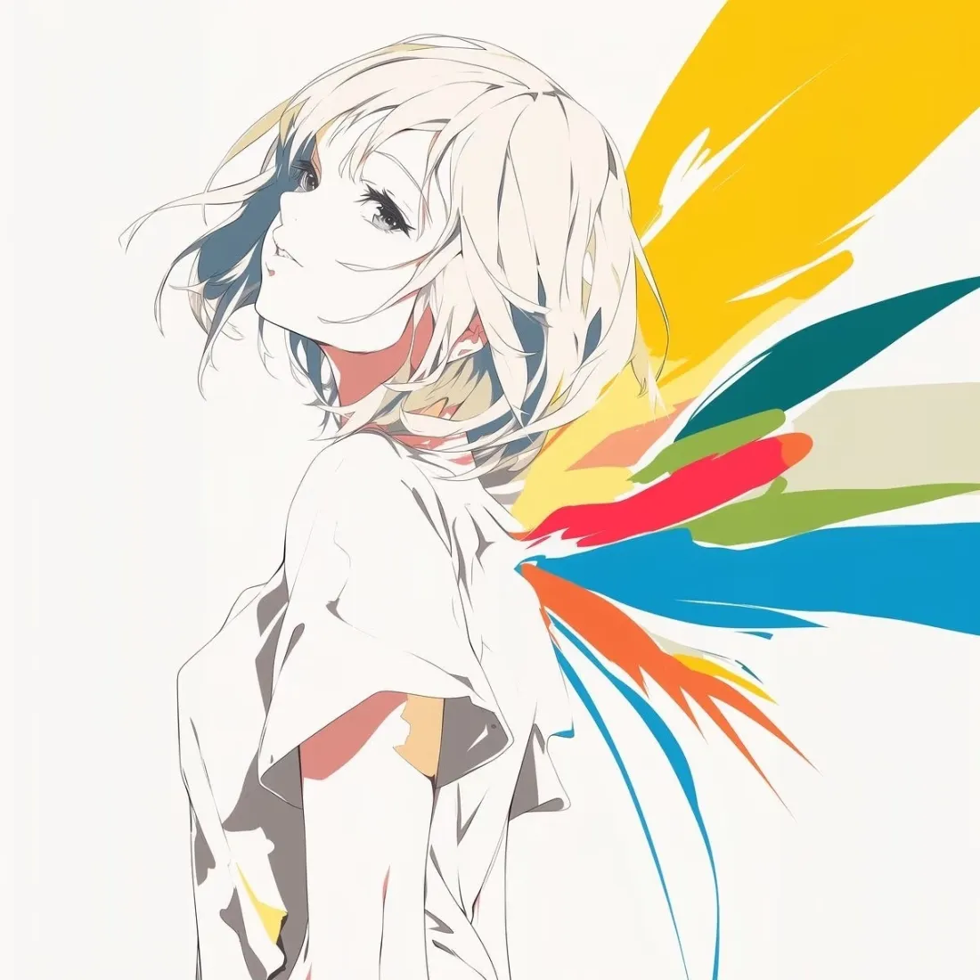 动漫女孩手机壁纸｜线条艺术背景图片 - 彩色翅膀「哲风壁纸」