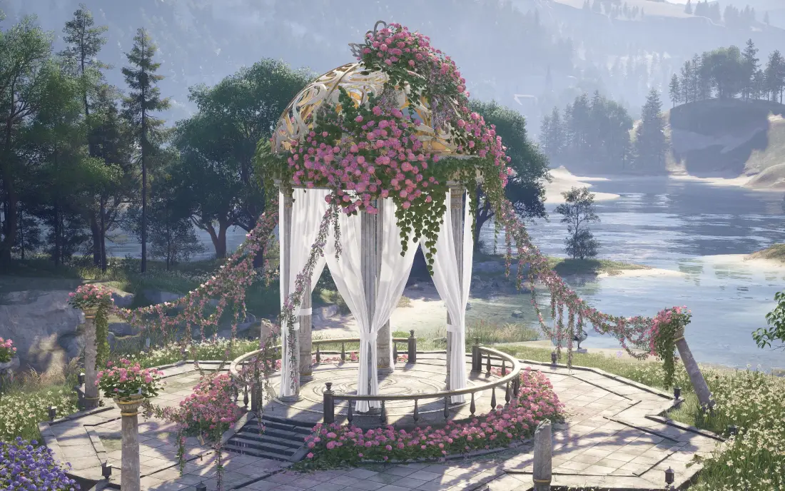 3k无限暖暖壁纸｜鲜花亭子背景图片 - 森林湖泊「哲风壁纸」