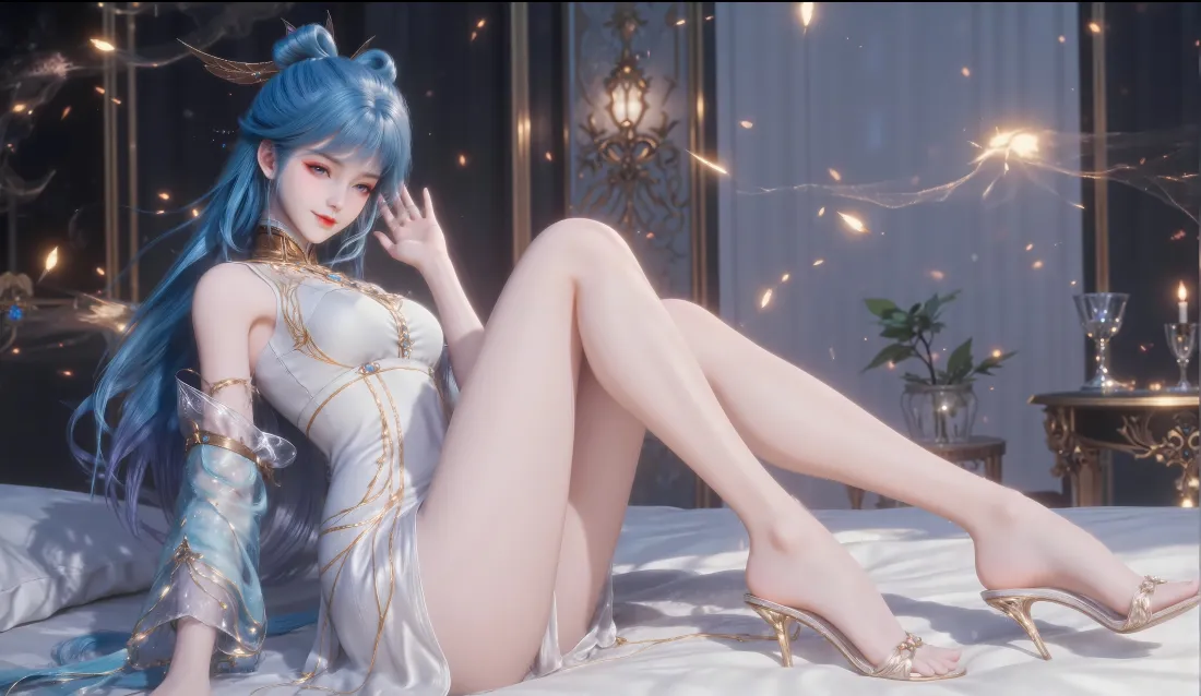 6k蓝发美女壁纸｜室内背景图片 - 华丽服饰角色「哲风壁纸」