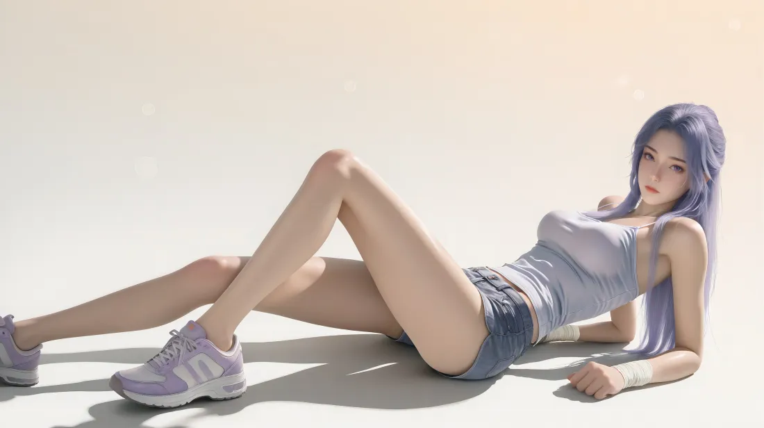 5k云霄壁纸｜浅白背景图 - 紫发牛仔短裤「哲风壁纸」