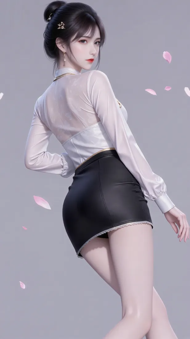 二次元美女手机壁纸｜灰色背景图片 - 白衬衫黑短裙「哲风壁纸」