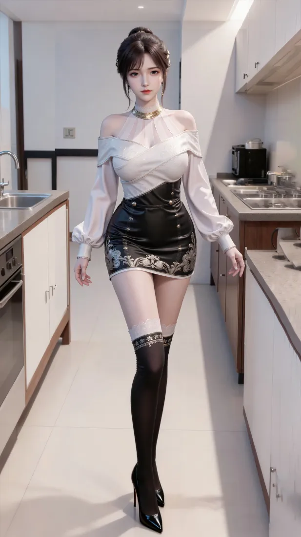 时尚女性手机壁纸｜厨房背景图片 - 黑色皮裙穿搭「哲风壁纸」