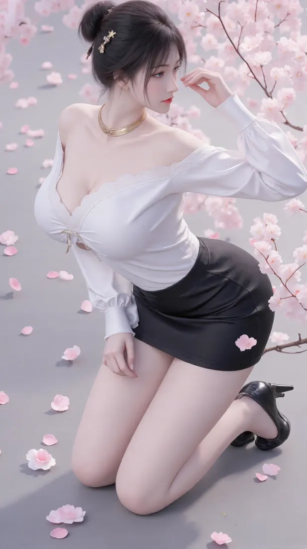 樱花性感女性手机壁纸｜粉瓣背景 - 黑裙白上衣「哲风壁纸」