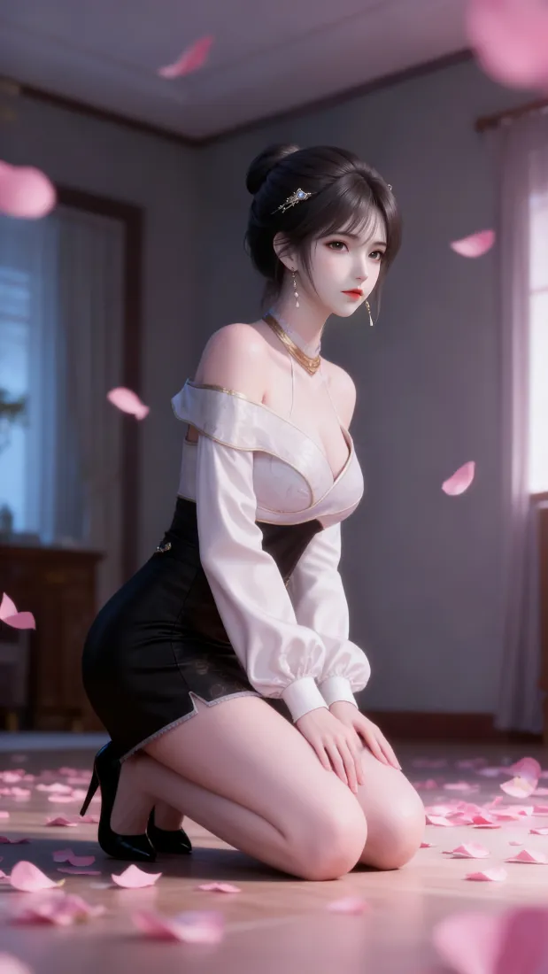 徐欣手机壁纸｜粉色花瓣背景图片 - 黑白裙跪姿「哲风壁纸」