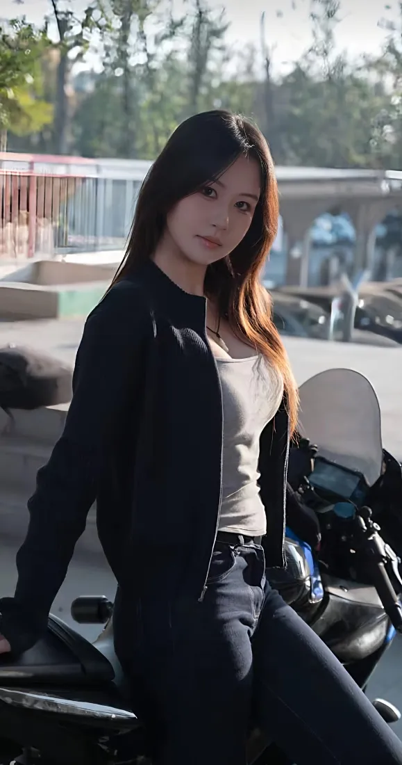 黑衣女子手机壁纸｜摩托车背景图 - 户外街景「哲风壁纸」