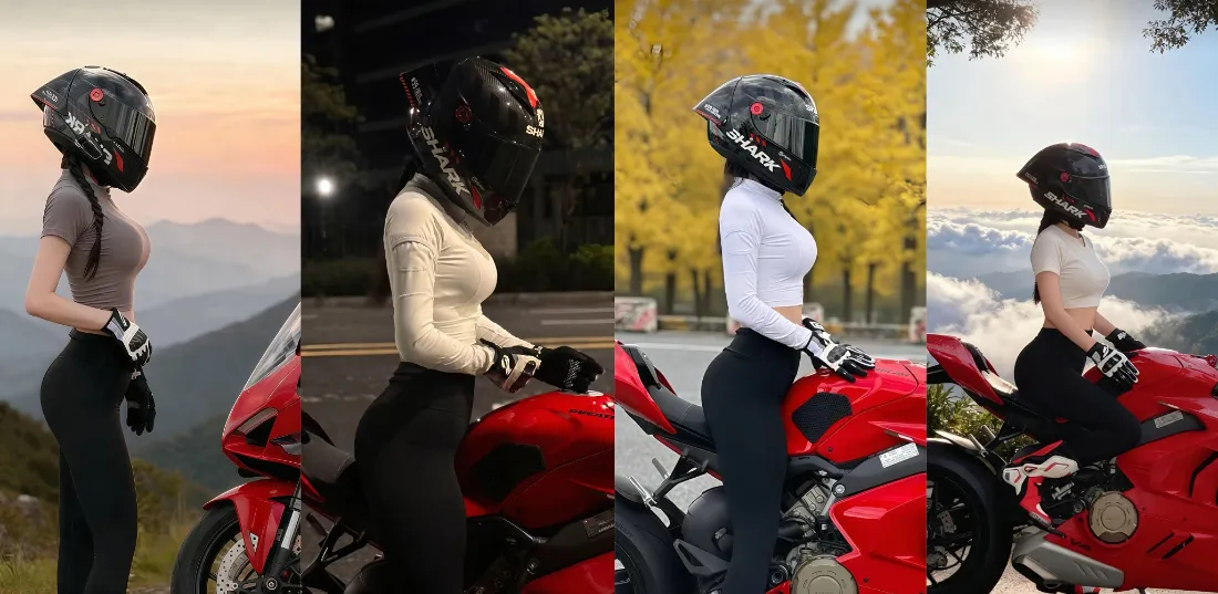 2k女骑手壁纸｜红色摩托车背景图片 - 秋景骑行「哲风壁纸」