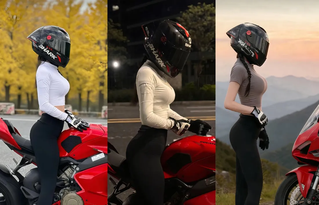 2k女骑手壁纸｜红色摩托车背景图 - 山景日落骑行「哲风壁纸」