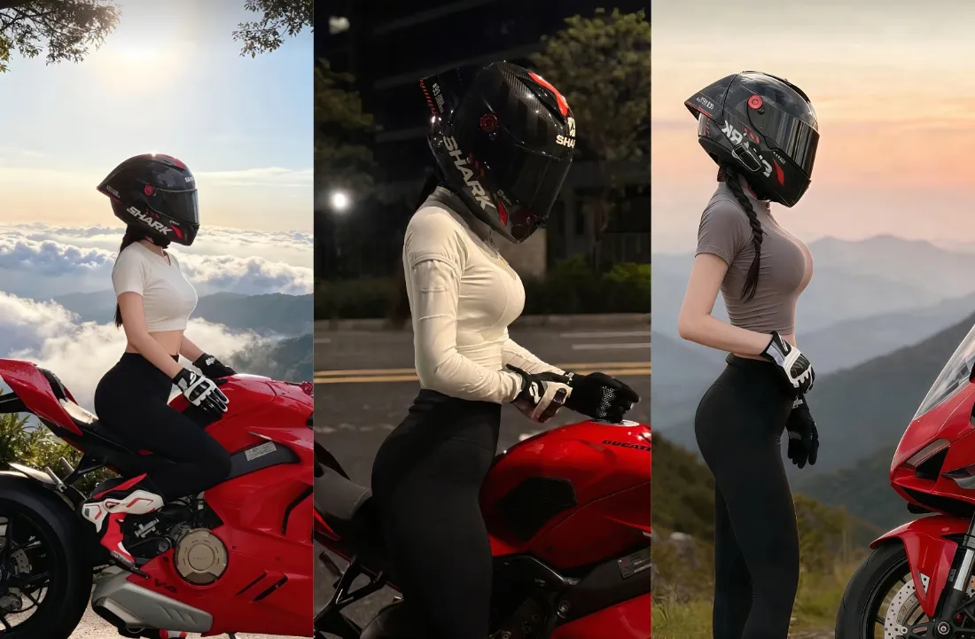 2k机车美女壁纸｜红色摩托背景图 - 山景云海穿搭「哲风壁纸」