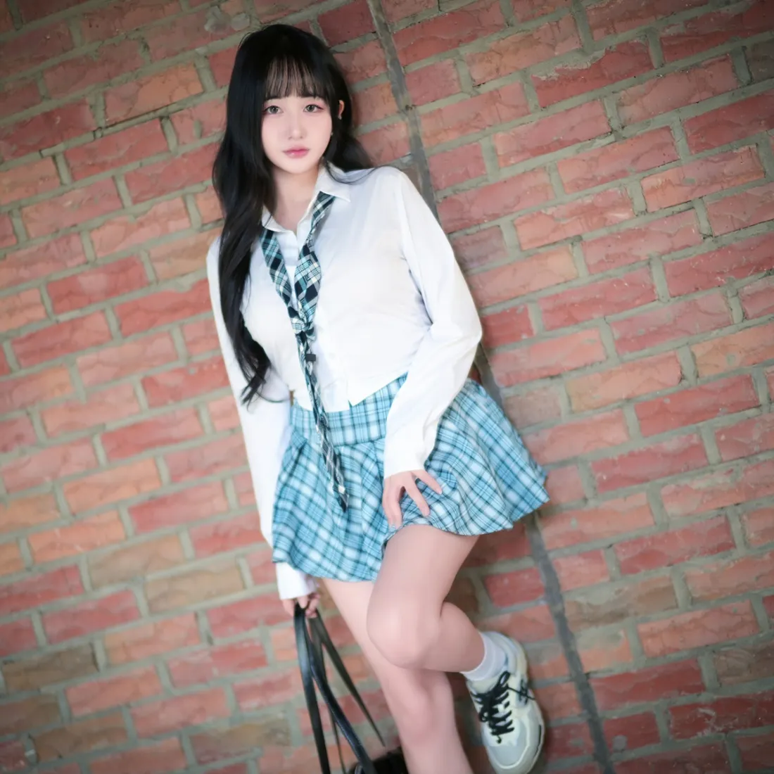 长发女生手机壁纸｜格子裙背景图片 - 白衬衫红砖墙「哲风壁纸」