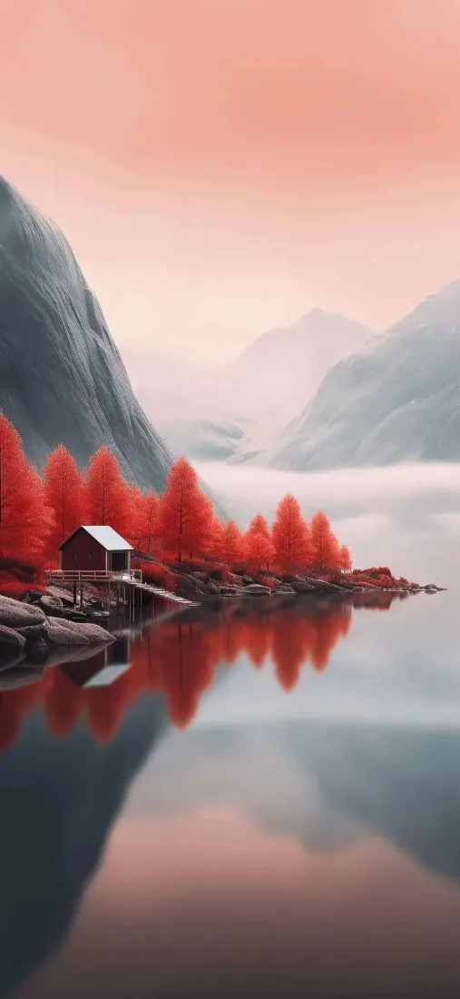 红色山水手机壁纸｜湖泊背景图片 - 山间红树小屋「哲风壁纸」