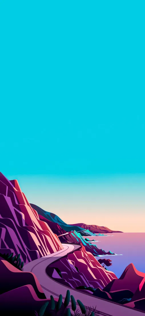 海岸山路插画手机壁纸｜蓝色背景图片 - 自然风景「哲风壁纸」