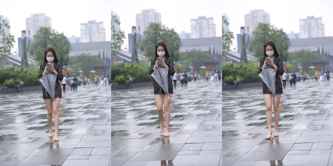 2k女生雨天街拍壁纸｜城市广场背景 - 短裙穿搭「哲风壁纸」