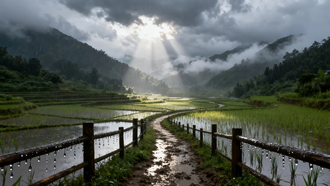 4k梯田壁纸｜绿野背景图片 - 阳光云雾稻田山峦「哲风壁纸」