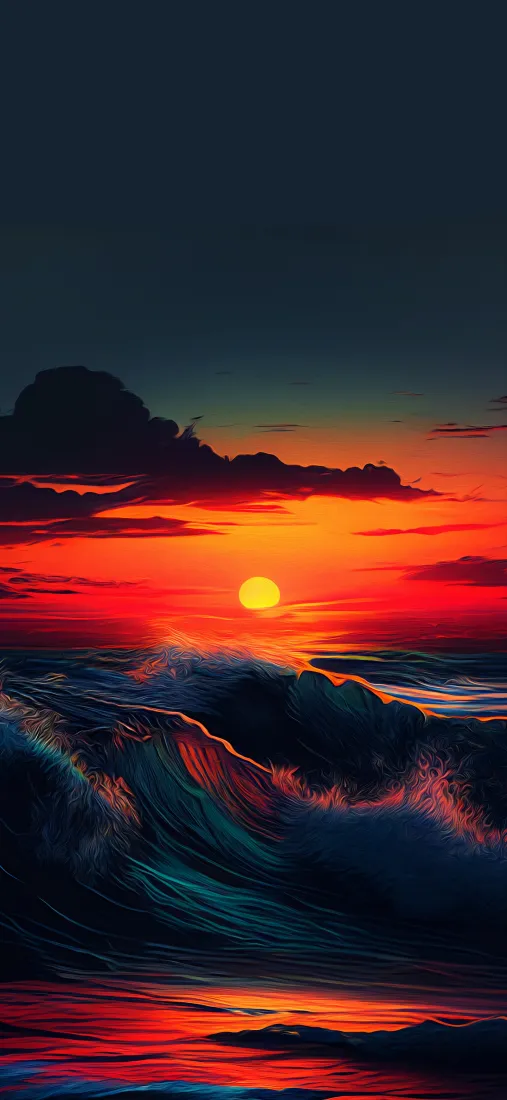 日落手机壁纸｜海洋背景图片 - 红色晚霞海浪「哲风壁纸」