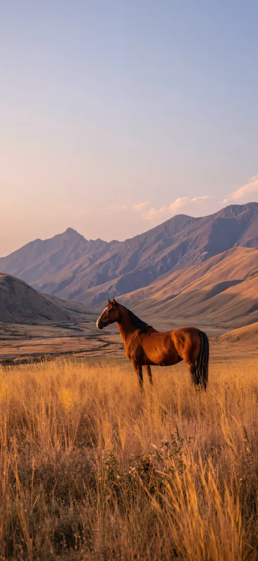棕匹马草原手机壁纸｜自然风景背景图片 - 黄昏山脉天空「哲风壁纸」