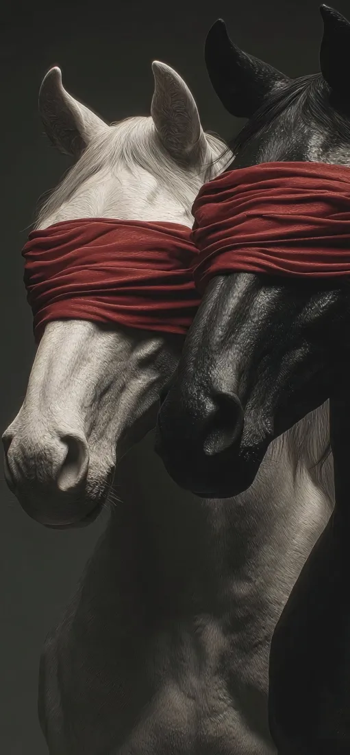 蒙眼马手机壁纸｜红布蒙眼马背景图片 - 艺术雕塑「哲风壁纸」