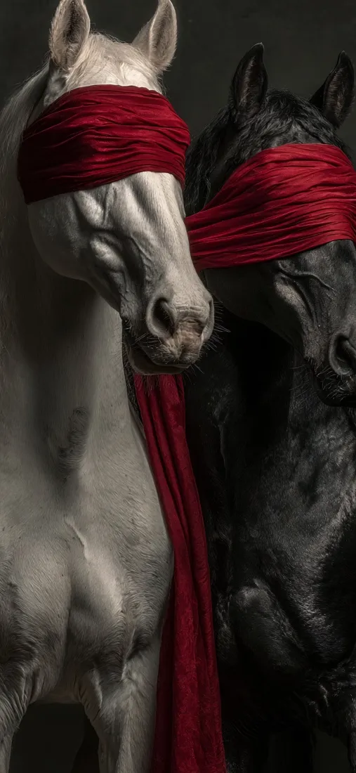 蒙眼马匹手机壁纸｜红布背景 - 白马黑马雕塑「哲风壁纸」