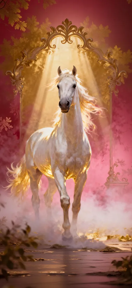 白马手机壁纸｜油画风格背景图片 - 金色拱门梦幻场景「哲风壁纸」