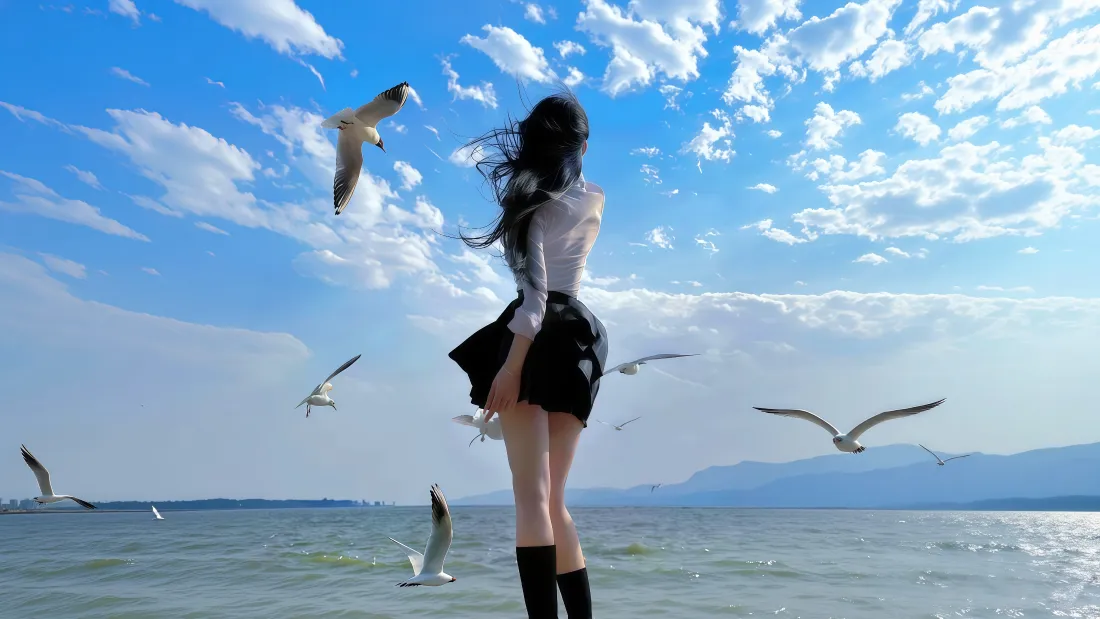 4kJK背影壁纸｜大海海鸥背景图片 - 蓝天白云「哲风壁纸」