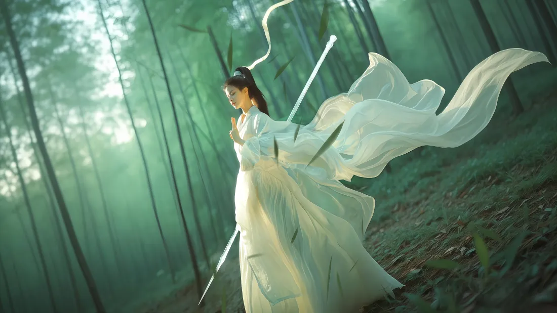 4k竹影侠女壁纸｜竹林背景图片 - 白衣侠女「哲风壁纸」