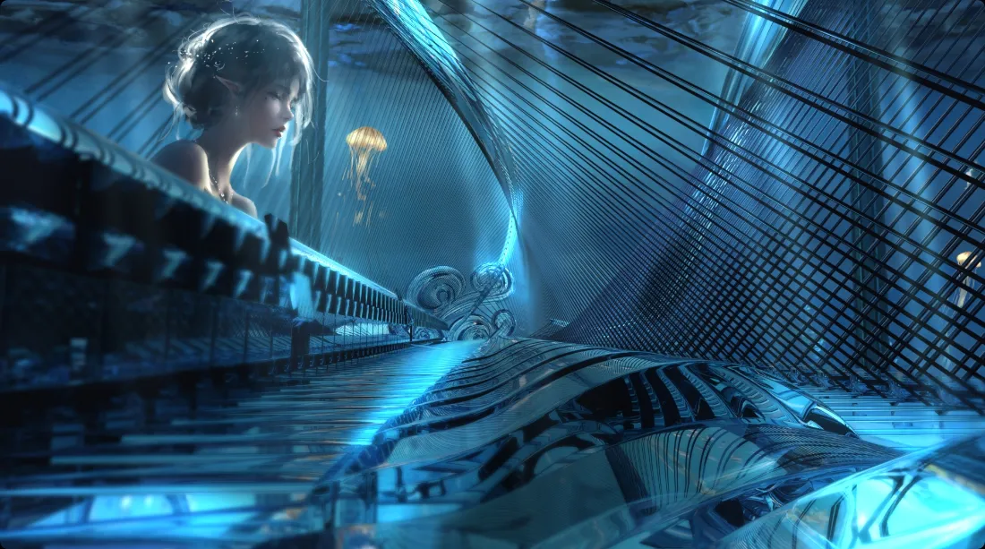 2kWLOP壁纸｜钢琴女孩背景图片 - 蓝色机械场景「哲风壁纸」