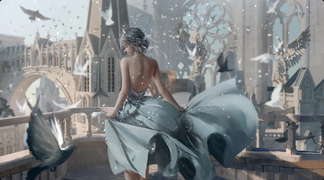 2kWLOP壁纸｜长裙背影背景图片 - 哥特建筑「哲风壁纸」