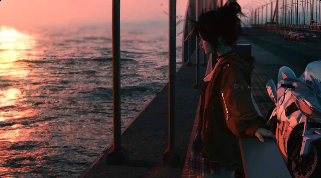 2kWLOP壁纸｜海边日落桥背景 - 红衣人物摩托「哲风壁纸」