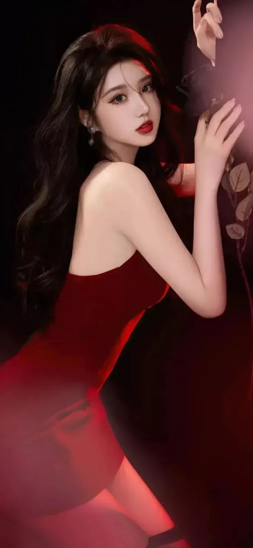 红衣美女手机壁纸｜红色抹胸裙 - 黑色背景「哲风壁纸」
