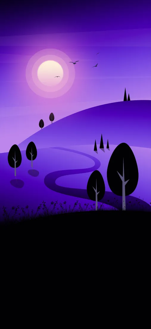 紫色夜景手机壁纸｜背景图片 - 月亮山丘树木小路「哲风壁纸」