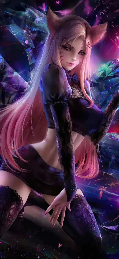 猫耳娘手机壁纸｜紫色背景图 - 粉色长发黑丝「哲风壁纸」