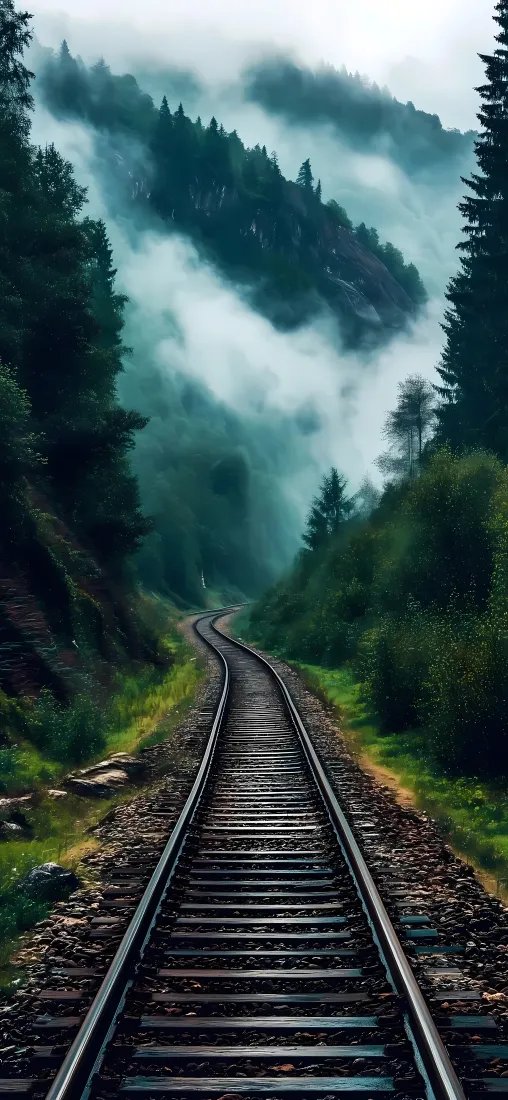 迷雾森林铁轨手机壁纸｜山间轨道背景 - 自然风景「哲风壁纸」