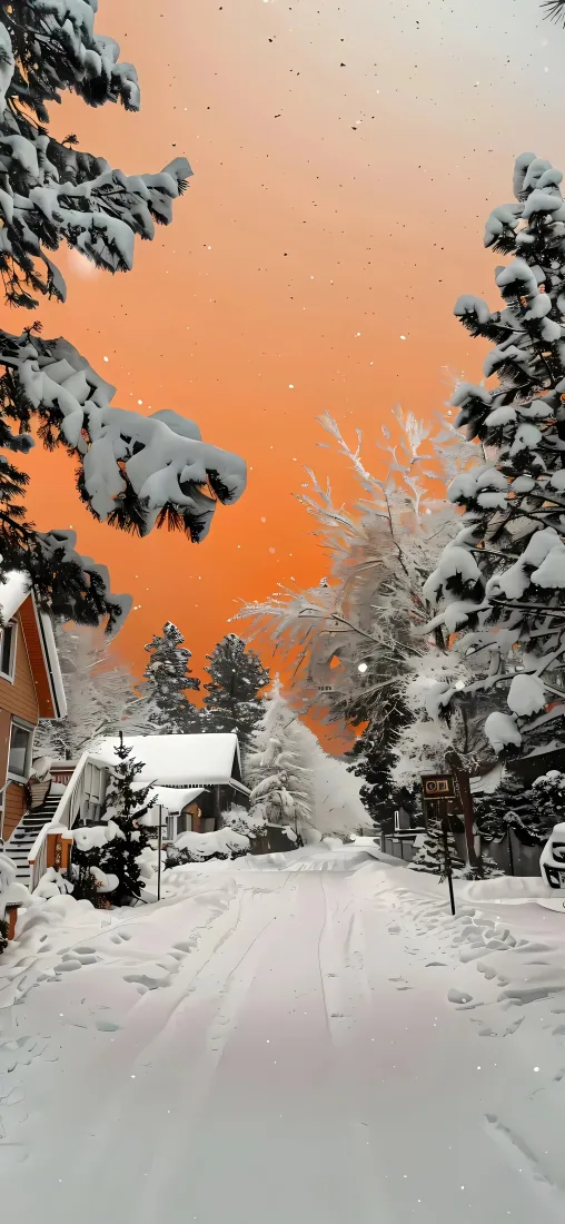 雪景手机壁纸｜雪地背景图片 - 橙色天空雪覆松树「哲风壁纸」