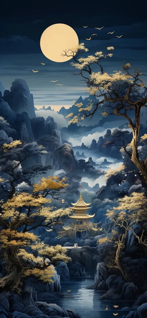 国风手机壁纸｜山水背景图片 - 古亭月亮松树「哲风壁纸」
