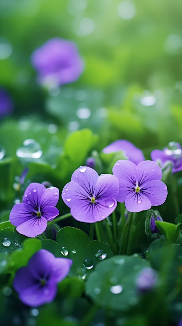 紫色小花手机壁纸｜自然背景图片 - 绿叶水珠花卉「哲风壁纸」