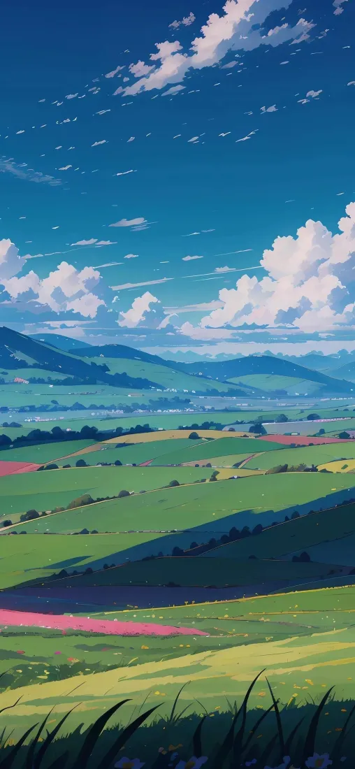 自然风景手机壁纸｜田园背景图片 - 蓝天白云山脉花田「哲风壁纸」