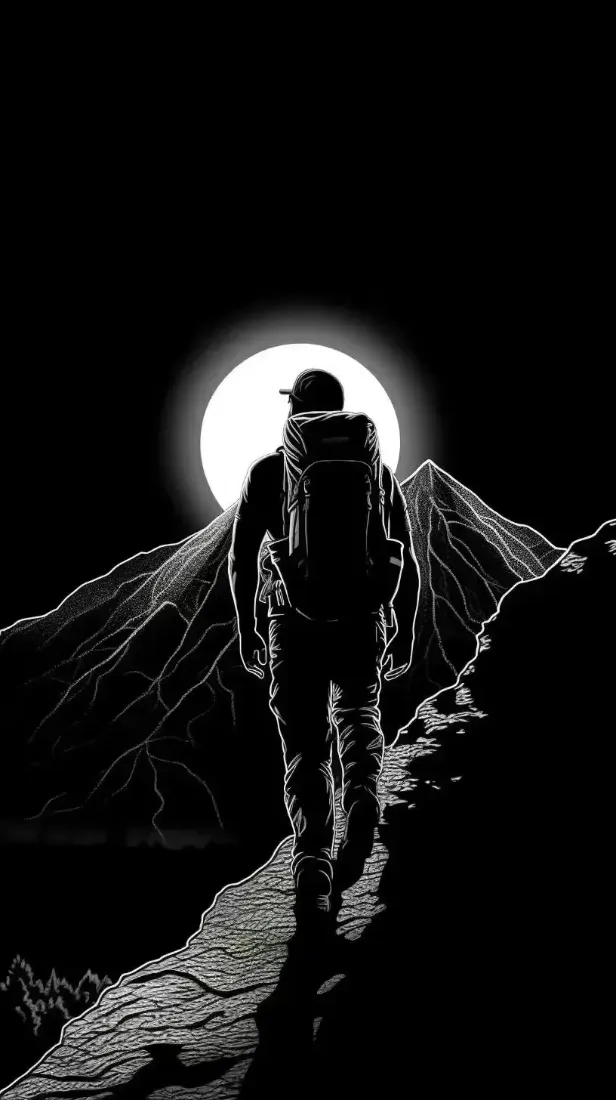 徒步者手机壁纸｜月夜山脉背景图片 - 黑白插画「哲风壁纸」