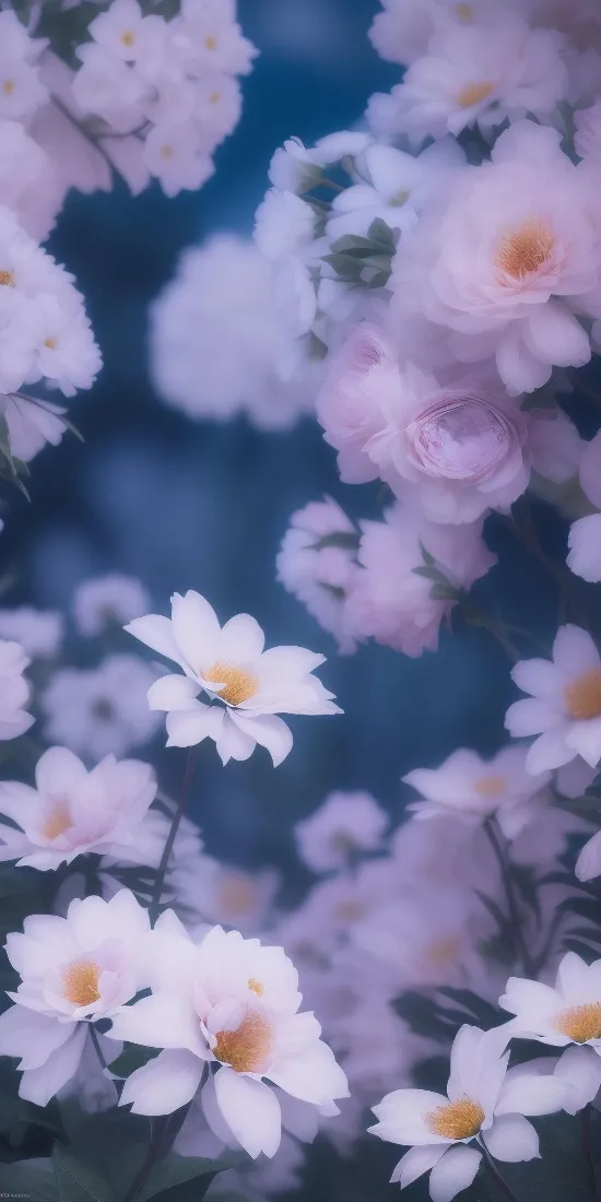 花朵手机壁纸｜蓝调背景图片 - 景深粉色花卉「哲风壁纸」