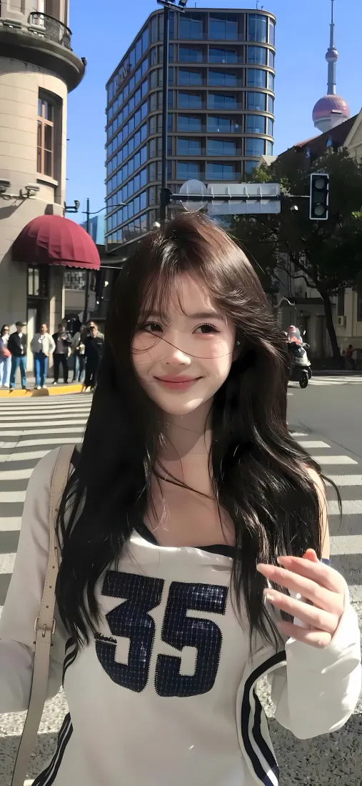 长发美女手机壁纸｜城市街道背景图片 - 35号时尚街拍「哲风壁纸」