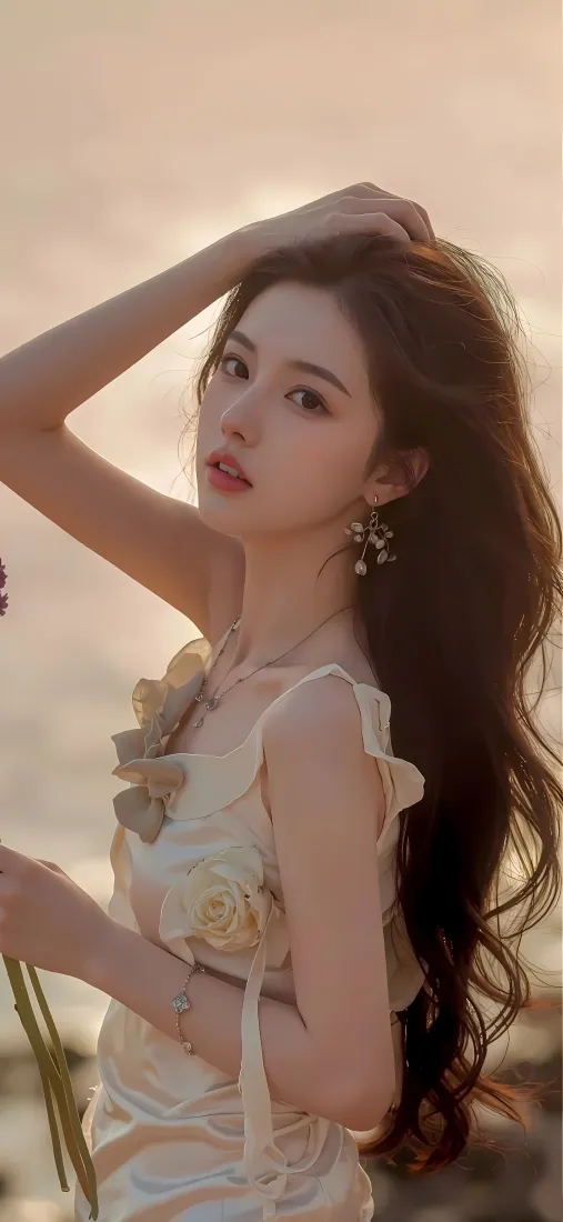 长发美女手机壁纸｜暖色调背景图片 - 花朵连衣裙「哲风壁纸」