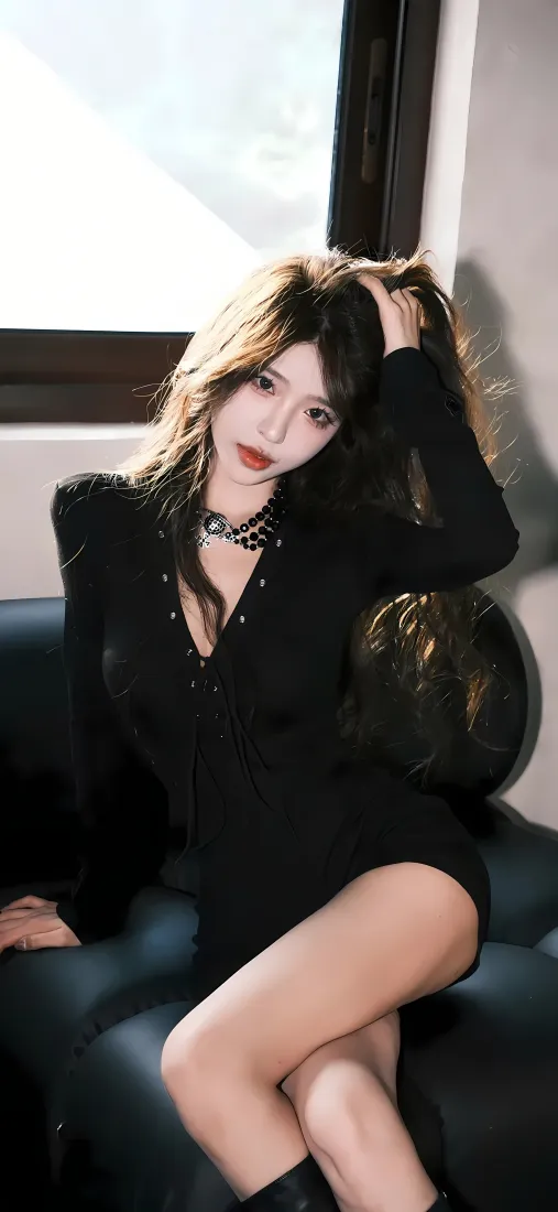 黑衣美女手机壁纸｜室内沙发背景 - 性感黑丝「哲风壁纸」