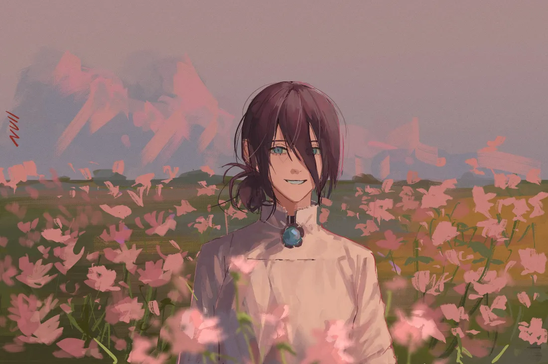 3k赛雷壁纸｜花田背景图片 - 粉色飞鸟动漫人物「哲风壁纸」