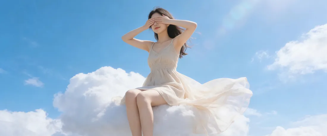 3k白衣美女壁纸｜云端背景图片 - 蓝天白裙「哲风壁纸」