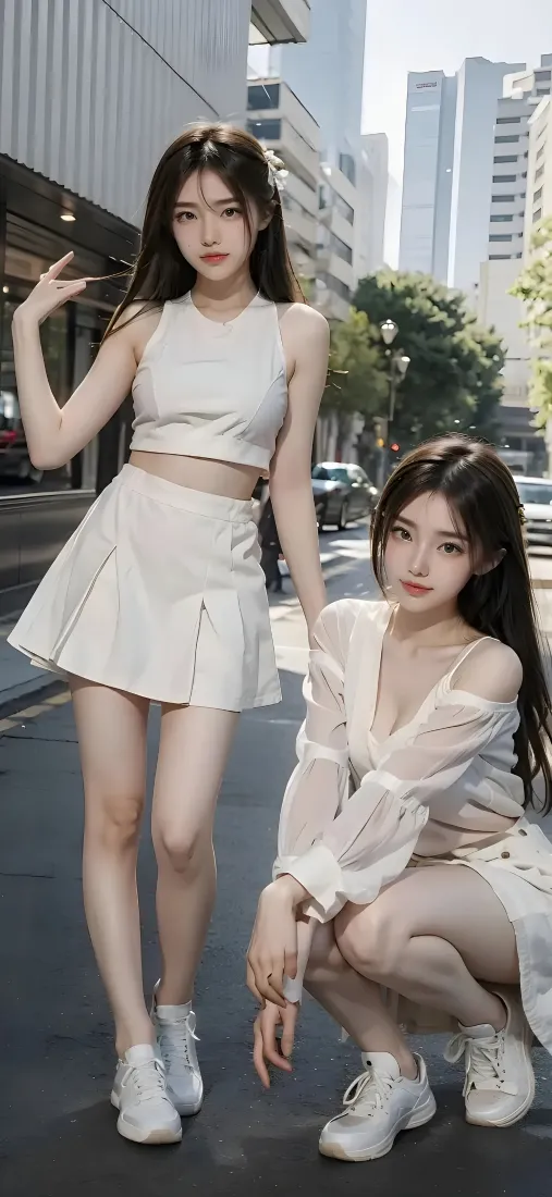 姐妹花手机壁纸｜城市街拍背景图片 - 白色穿搭「哲风壁纸」