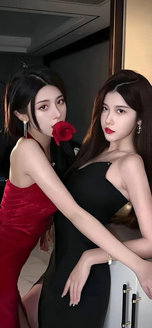 姐妹花手机壁纸｜红黑礼服背景 - 气质美女「哲风壁纸」