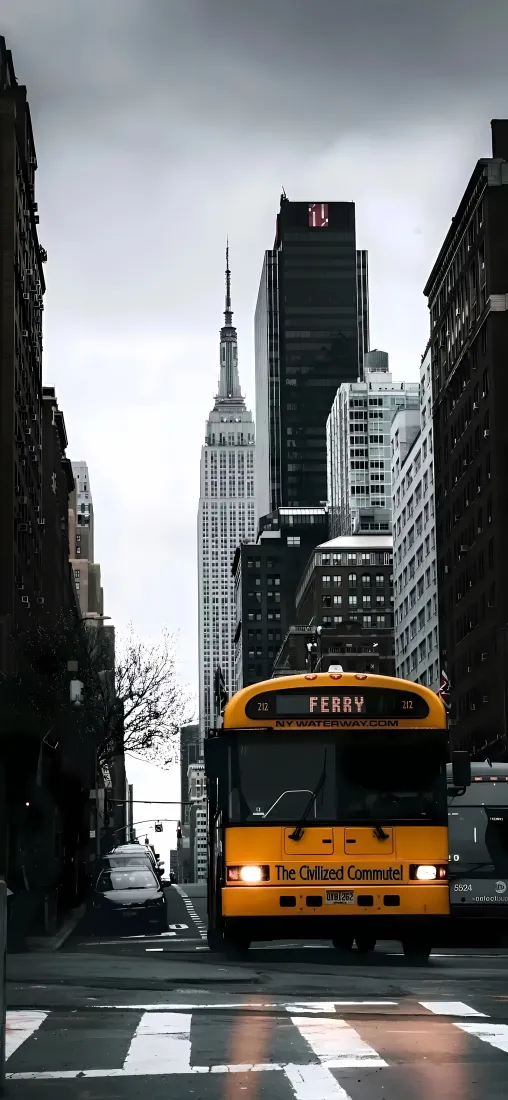 黄色校车手机壁纸｜城市街道背景图片 - 灰色世界「哲风壁纸」