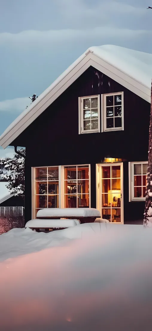 雪地暖灯小屋手机壁纸｜雪景背景图片 - 冬日黄昏「哲风壁纸」
