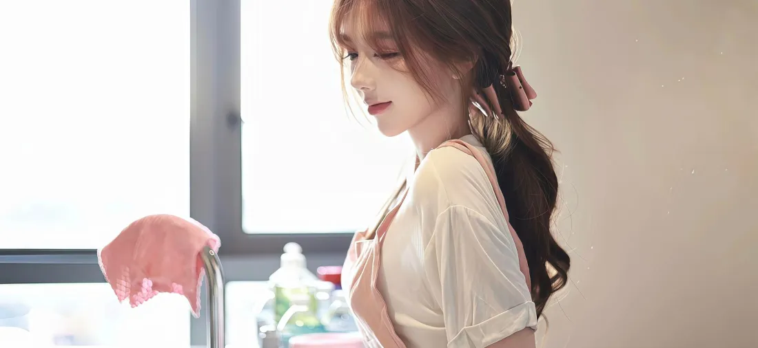 居家美女手机壁纸｜居家背景 - 围裙家务生活场景「哲风壁纸」