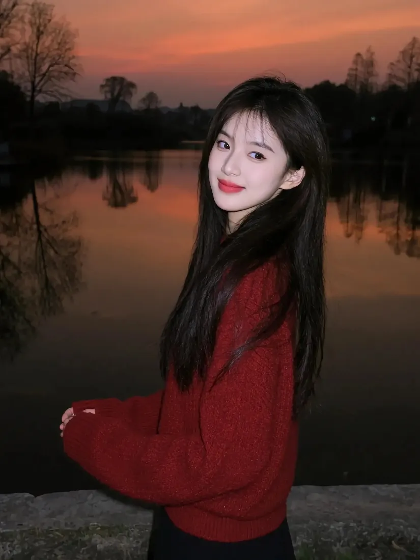 红衣美女手机壁纸｜黄昏湖泊背景图片 - 自然风景「哲风壁纸」