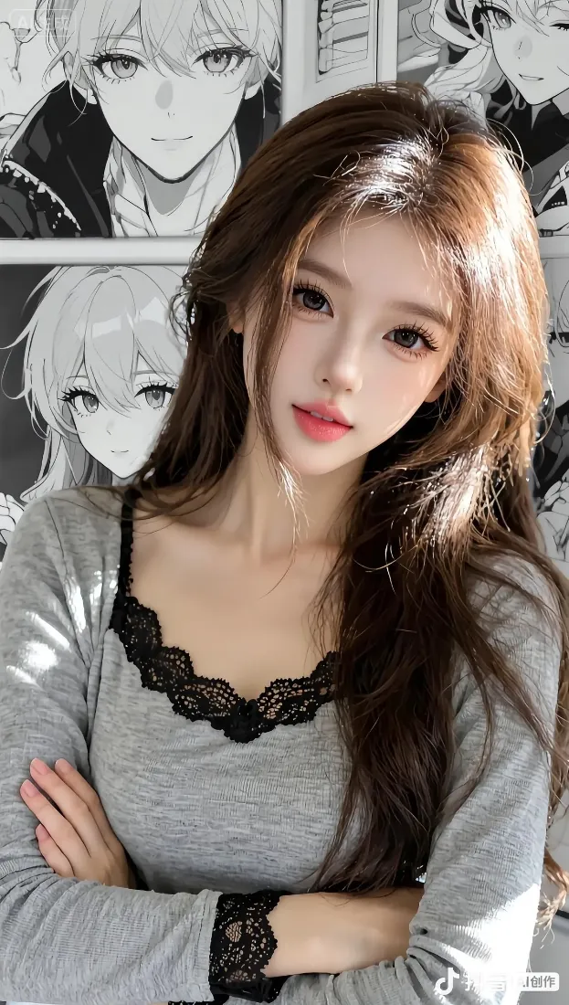 长发美女手机壁纸｜动漫插画背景图片 - 灰色蕾丝上衣「哲风壁纸」