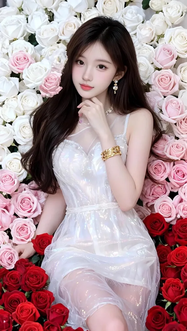 白衣美女手机壁纸｜花墙背景图片 - 玫瑰「哲风壁纸」